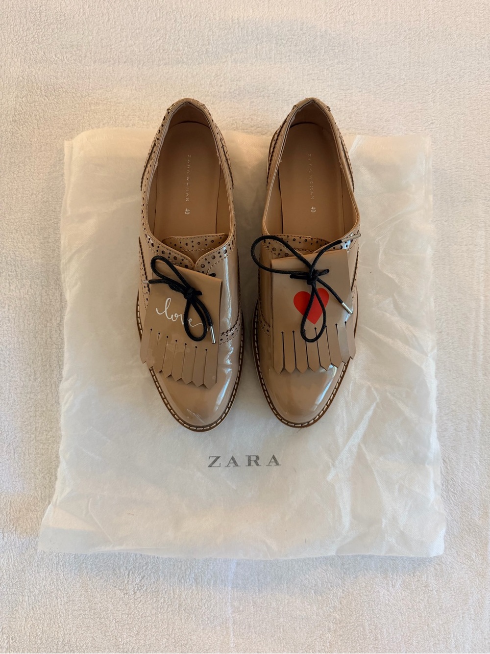 Zara Tan Patent Leather Fringe Loafers with Red Heart